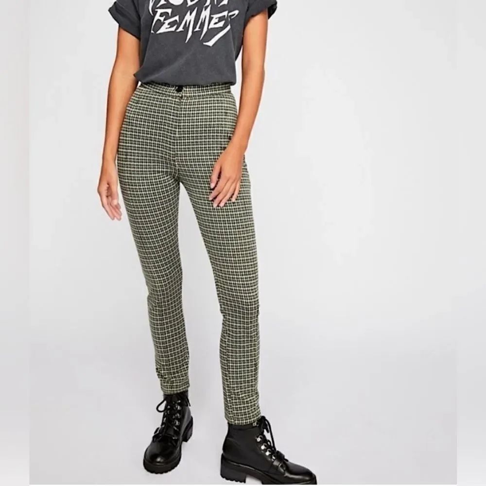 Free People Women’s Carnaby Gingham Plaid Stretch Tartan Pants Green Size 0